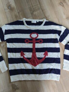 Mia & Tess Nautical Anchor Knit Sweater | Navy & White Stripe | Size Large